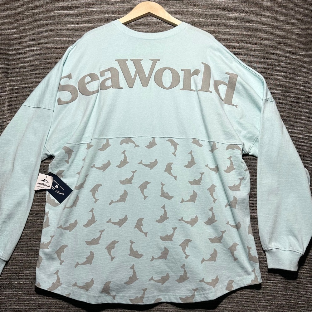 Spirit Jersey Shirt Adult XXL Light Blue Long Sleeve Dolphin SeaWorld Puff Print